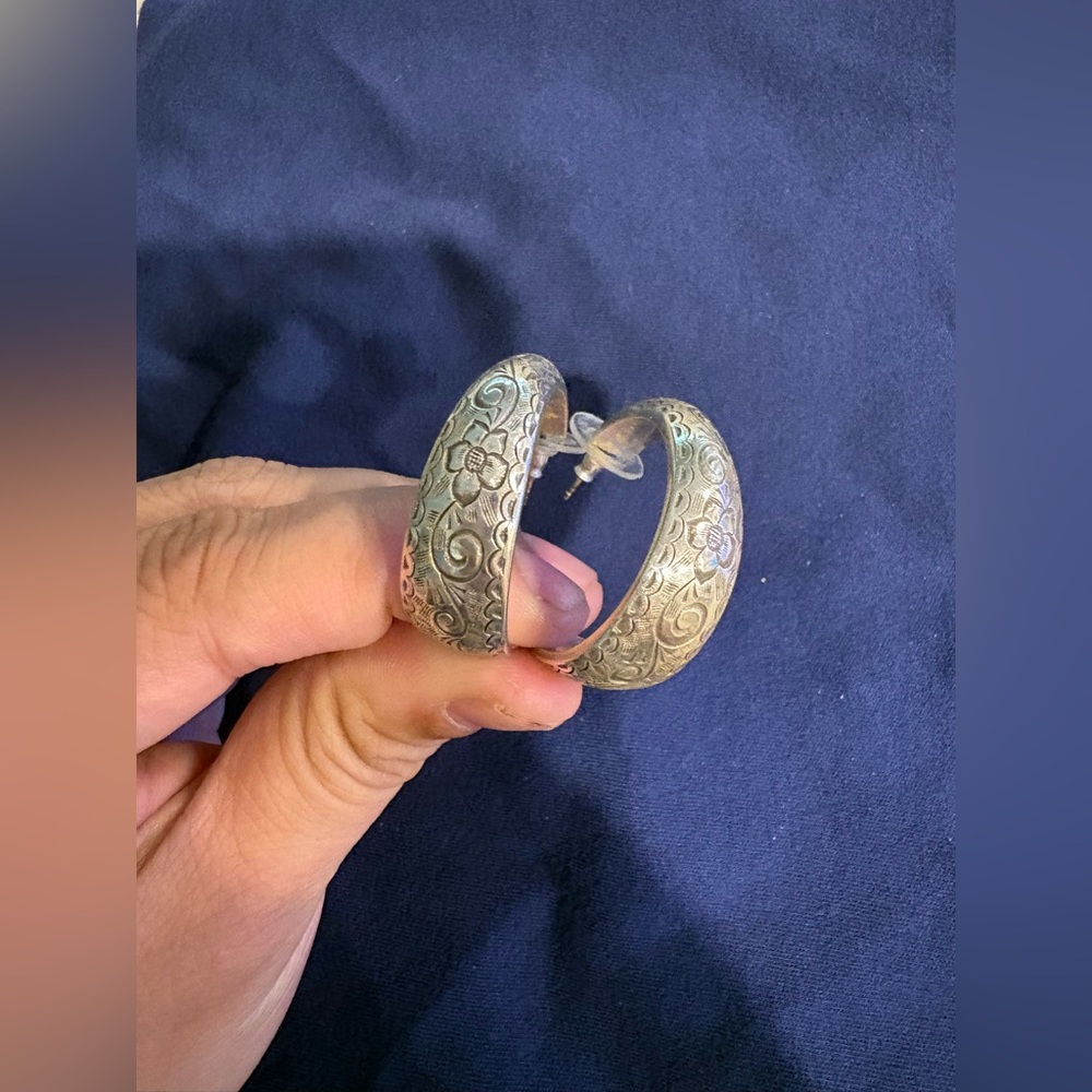 Brighton Silver-Tone Floral Engraved Hoop Earrings